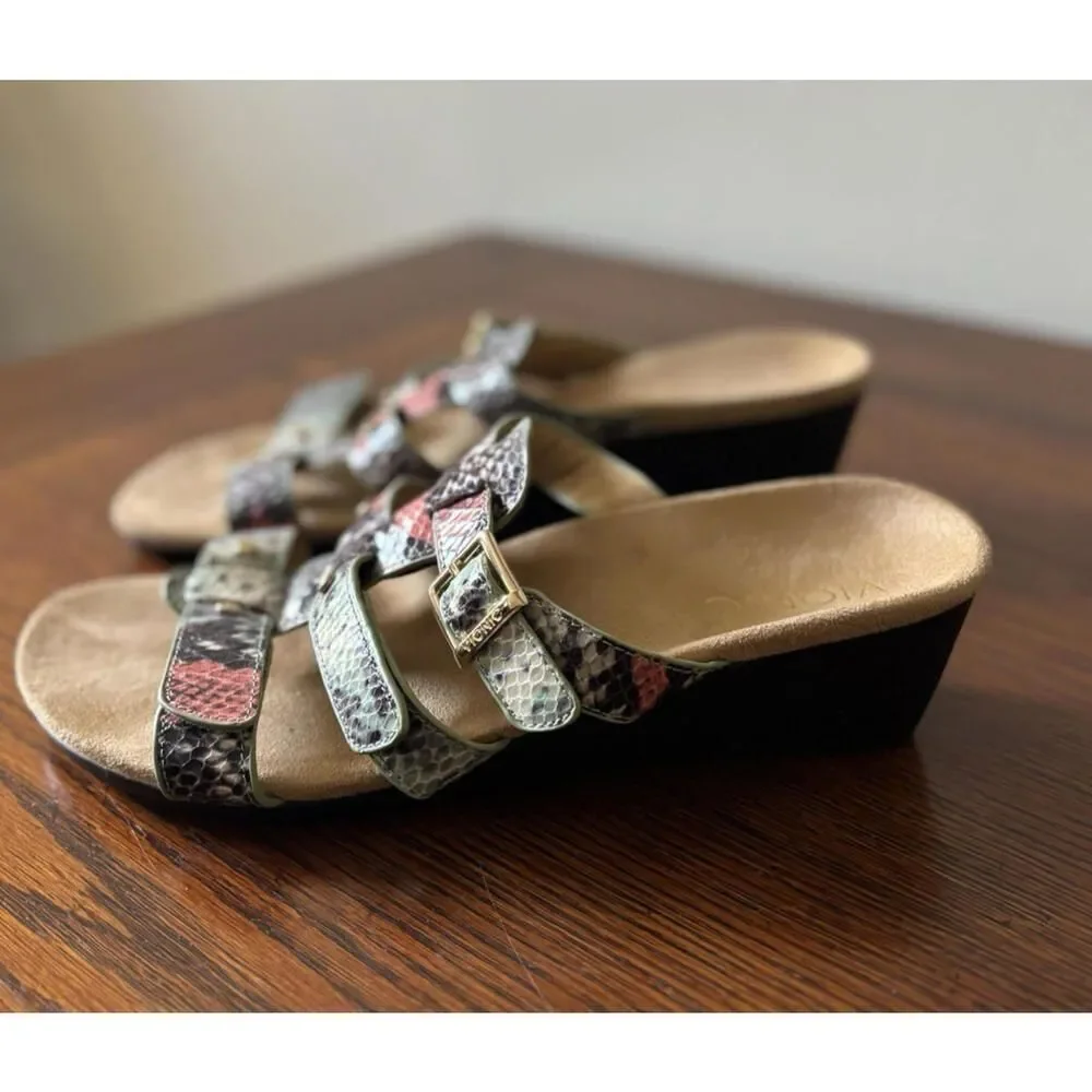 Vionic Radia Snake Print Wedge Sandals Women's Size 8 Orthaheel Triple Strap